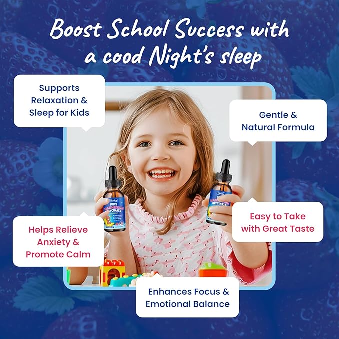 Magnesium Glycinate Liquid for Kids - with L-Theanine Omega-3, Vitamin B6, D3, Zinc - Kids Magnesium Drops for Sleep, Relaxation, Calm & Focus - 2 Fl Oz, Strawberry Flavor
