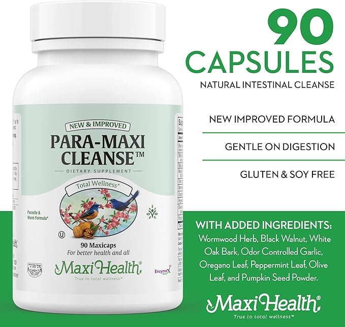 Maxi Health Intestinal Cleanse for Humans - Natural Digestive Colon Gut Flora Body Detox for Women - Gut Cleanse for Men - Bloated Belly Relief with Black Walnut Wormwood Herb (90 Capsules)