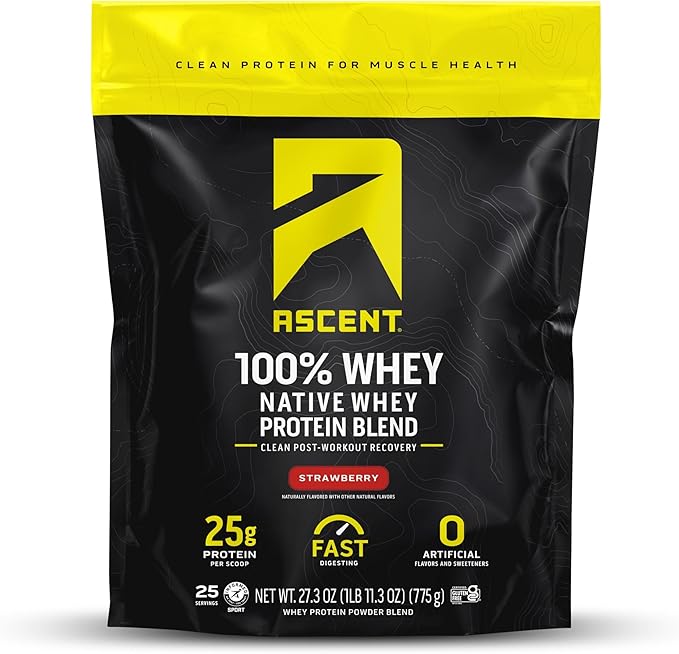 Ascent 100% Whey Protein Powder - Post Workout Whey Protein Isolate, Zero Artificial Flavors & Sweeteners, Gluten Free, 5.5g BCAA, 2.6g Leucine, Essential Amino Acids, Strawberry 1.7 lb