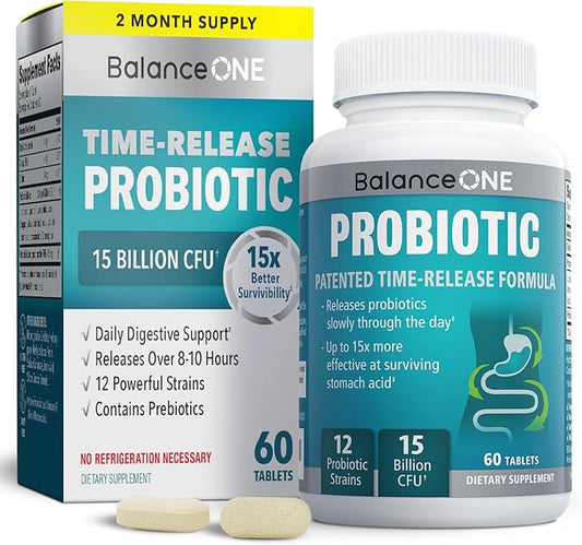 Balance ONE Probiotics for Women & Men – 15x Better Survivability vs Capsules – 15 Billion CFU Probiotic for Gut Health – 12 Strains Lactobacillus Plantarum, Acidophilus & Salivarius – 60 Tablets