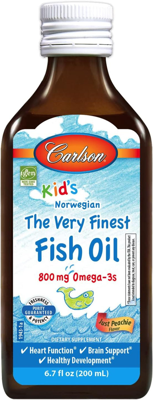 Carlson - Kid's The Very Finest Fish Oil, 800 mg Omega-3s, Liquid Fish Oil Supplement, Norwegian Fish Oil, Wild-Caught, Sustainably Sourced Fish Oil Liquid, Just Peachie, 200 mL (6.7 Fl Oz)