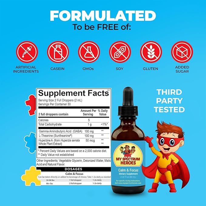 Calm & Focus Supplement Drops - Brain Support with L-theanine, GABA, Huperzine A - Enhance Focus for Kids or Adults - Boost Concentration for Kids & Teens - 2.02 FL oz. (60 ml)