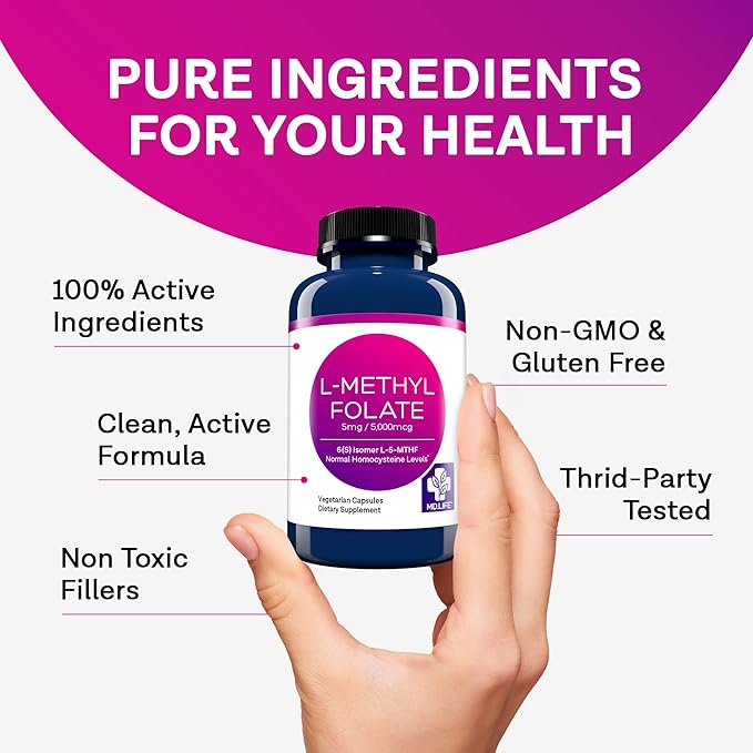 MD Life L-Methylfolate 5 mg Supplement - Professional-Grade Active L Methylfolate Supplement - 120 Capsules - L-Methylfolate 5mg - Maximum Potency MTHFR W/Essential Amino Acids