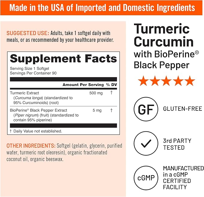 NatureWise Turmeric Curcumin 500mg with Black Pepper Softgels - Extra Strength, Enhanced Absorption - 95% Curcuminoids & BioPerine for Immune Support - Gluten-Free, Non-GMO - 90 Count[3-Month Supply]