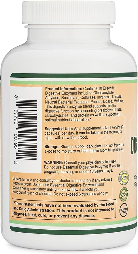 Digestive Enzymes - 800mg Blend of All 10 Most Essential Digestive and Pancreatic Enzymes (Amylase, Lipase, Bromelain, Lactase, Papain, Protease, Cellulase, Maltase, Invertase) by Double Wood