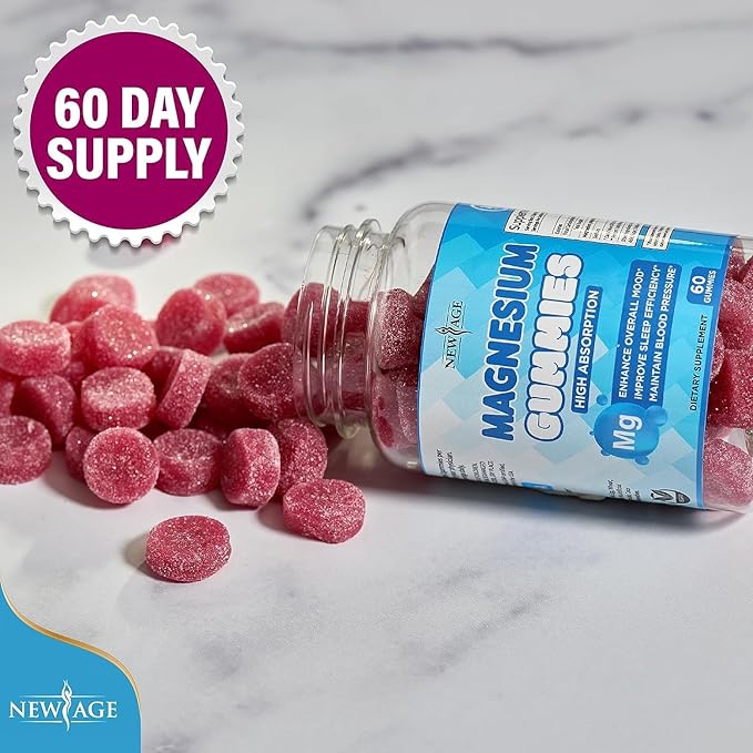 Magnesium Gummies - Calming Anti-Stress Gummies, Magnesium Supplement for Adults and Kids, Vegan, Gelatin-Free, Gluten-Free, Non-GMO, Delicious Natural Raspberry Flavor- 60 Count - by New Age