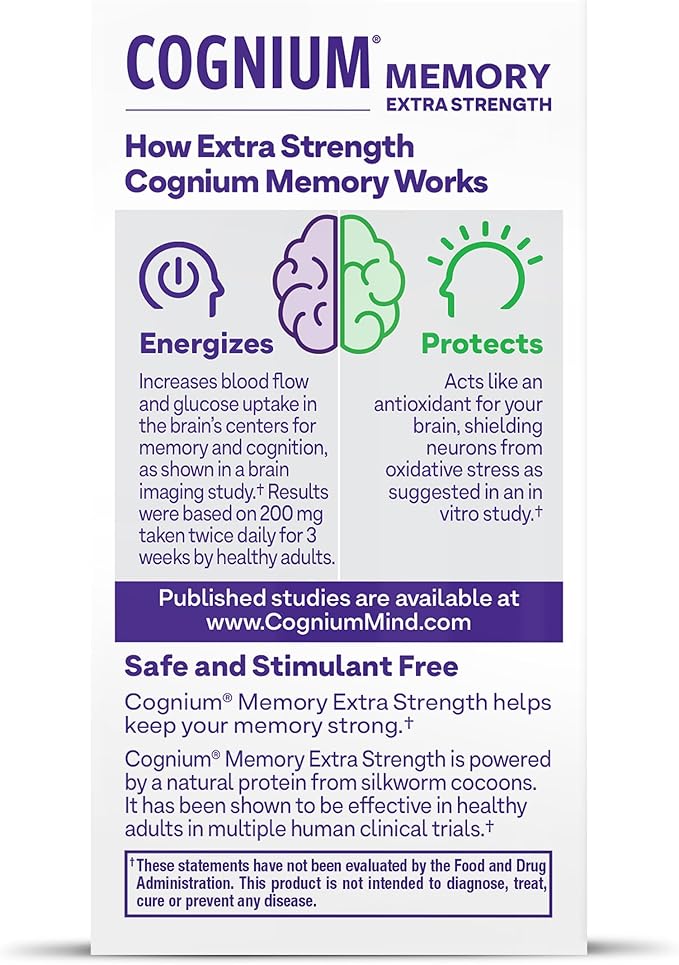 Natrol Cognium Memory Extra Strength Silk Protein Hydrolysate 200mg, Dietary Supplement for Brain Health and Memory Support, 60 Tablets, 30 Day Supply