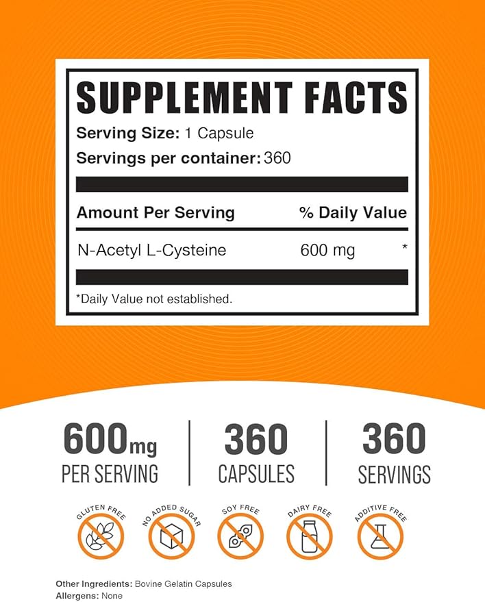 BulkSupplements.com N-Acetyl L-Cysteine Capsules - N-Acetyl Cysteine 600mg, NAC Supplement - 600mg per Capsule, Gluten Free - 1 NAC Capsule per Serving, 360 Capsules (Pack of 1)