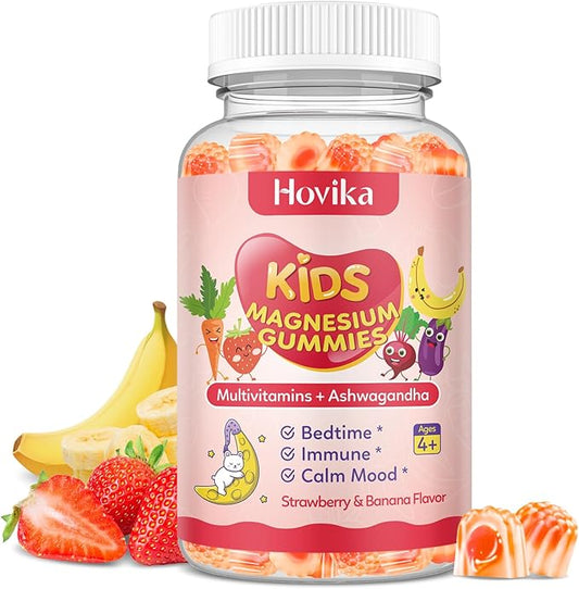 Kids Magnesium Gummies - Magnesium Glycinate & L-Threonate Supplement with L-Theanine, Chamomile & Multivitamins for Sleep, Calm & Focus - Strawberry Banana Center-Filled Gummies 60 ct