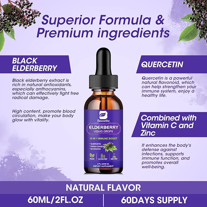 Elderberry Syrup Black Elderberry Drops with Quercetin, Panax Ginseng, Vitamin C and Zinc, Sambucus Elderberry Syrup Liquid, Vegan, Non-GMO & Gluten Free