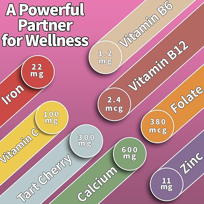 Tart Cherry Iron Supplement for Women & Men, Iron Gummies with Calcium, Zinc, Folate & Vitamin C & B12 for Immune Support, (60 Count) - Sugar Free,Vegan (Mothers Day Gifts for Mom)