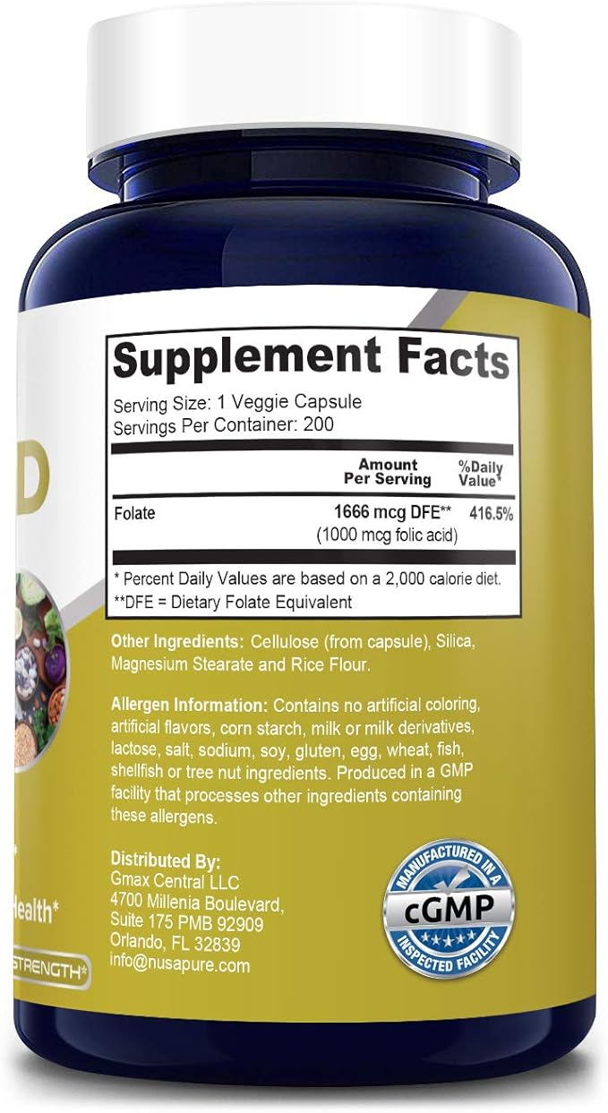 NusaPure Folic Acid 1000mcg 200 Veggie Caps (Non-GMO, Vegetarian, Gluten Free)