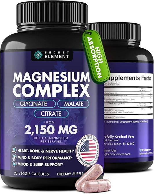Magnesium Complex 2,150MG, High Absorption Capsules with Magnesium Glycinate, Citrate & Malate, Plus Vitamin B6, B2, Folate & Beet Root, Vegan, Non-GMO, No Artificial Additives, 90 Capsules