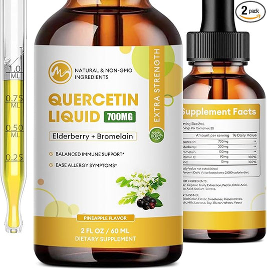(2 Pack) Quercetin Liquid Drops - Quercetin Supplements 700mg - 4X Stronger Than Pills & Capsules - 5 in 1 Quercetin with Bromelain Elderberry Vitamin for Immunity Respiratory Wellness- 2 Fl Oz*2
