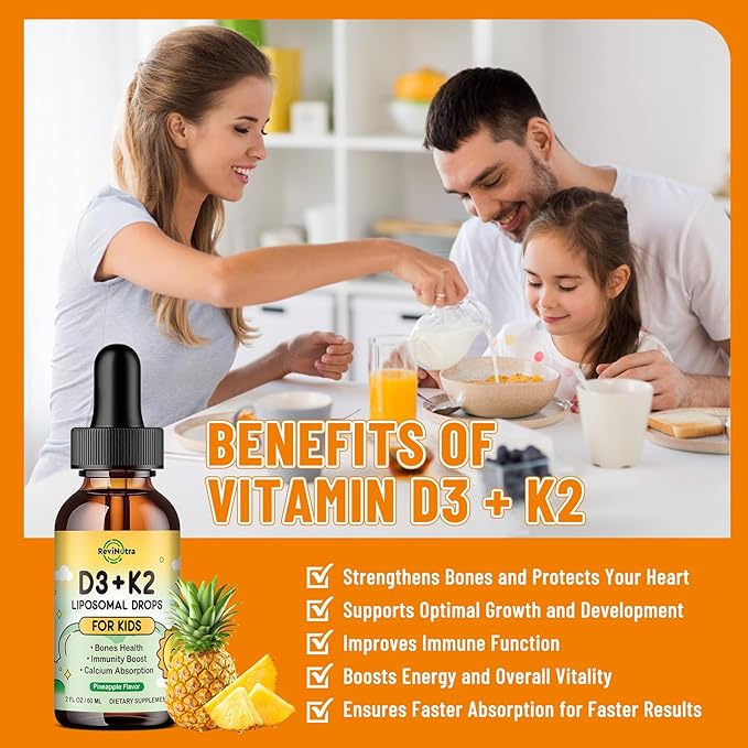 Vitamin D3 K2 Drops for Kids, Liposomal Liquid K2 D3 Vitamin Supplement with Calcium Magnesium Zinc, Vitamin B12, C, E for Kids & Adults Strong Bones Teeth & Heart, Pineapple Flavor 2 Fl Oz