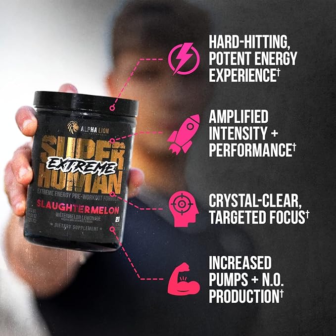 ALPHA LION Superhuman Extreme High Stim Pre Workout Powder, Beta Alanine, L-Taurine & 356mg Tri-Source Caffeine for Sustained Energy, Nitric Oxide & Citrulline for Pump (21 Servings, Slaughtermelon)
