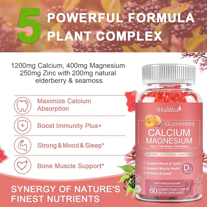 Calcium Gummies with D3,Zinc - Plant Complex Calcium Magnesium Supplement with Glycinate,Potassium,Vitamin C &Whole Natural Food for Bone & Immune Support- 60 Chewable Gummy Sugar-Free