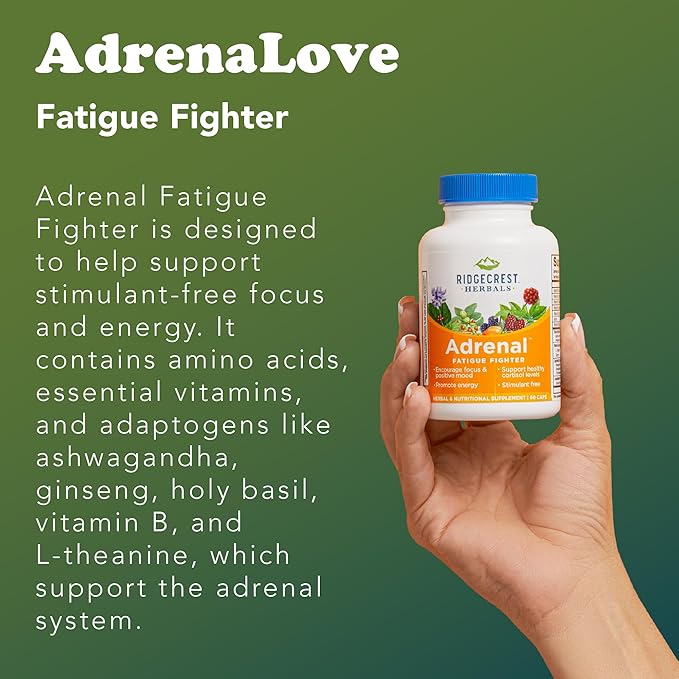 Ridgecrest Herbals AdrenaLove, Stress and Energy Support Supplement with Ashwagandha, L-Theanine, Ginseng, Schisandra, Taurine, Holy Basil, Adaptogens, B Vitamins (60 Vegan Caps, 30 Serv)