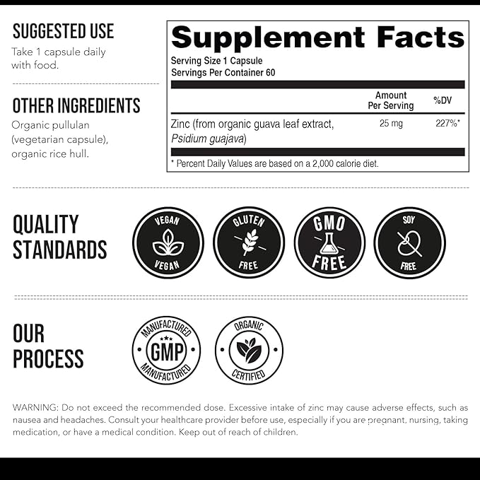 Organic Zinc 25 mg | Whole Food zinc Supplements | Derived from Organic Fruit, Elemental Zinc - Water Extracted, Vegan, GMO-Free - Essential Mineral, Antioxidant, Immune Support, Skin - 60 Servings