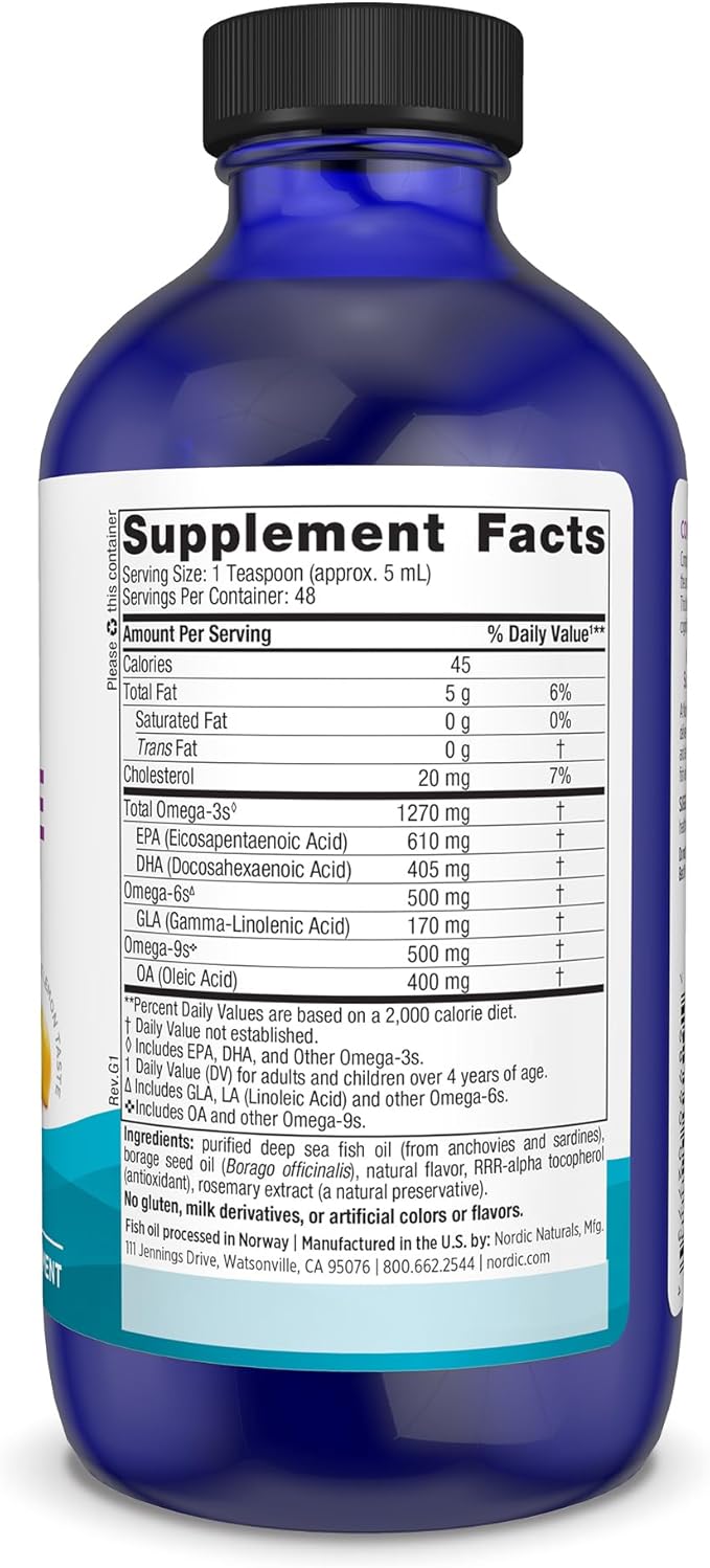 Nordic Naturals Complete Omega, Lemon Flavor - 8 oz - 1270 mg Omega-3 - EPA & DHA with Added GLA - Healthy Skin, Cognition, Positive Mood - Non-GMO - 48 Servings