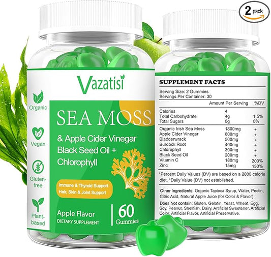 2 Pack Organic Irish Sea Moss Gummies with Black Seed Oil, Chlorophyll - Thyroid, Mood, Energy & Immune Support - Women & Men, Adult & Kid - 120 Vegan Gummies