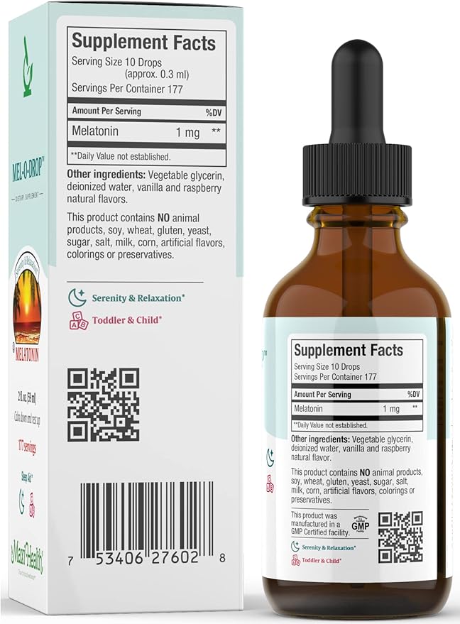 Maxi-Health Liquid Melatonin Drops for Kids - 2 Fl Oz 177 Servings With Dropper - Natural Sleep Aid Supplement for Children And Teens - Helps Fall Asleep Faster And Stay Sleeping Longer