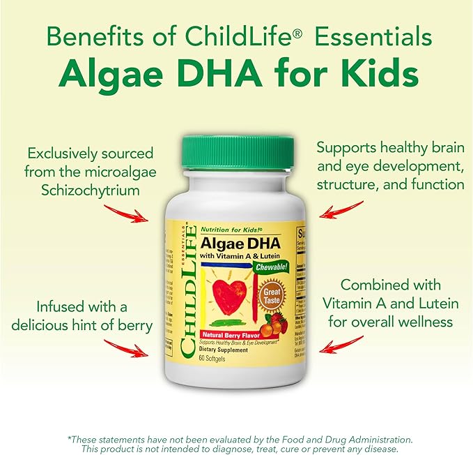 ChildLife Essentials Algae DHA for Kids - Omega 3 Supplement & Fish Oil Alternative - Algae Oil for Toddlers & Children - Natural Berry Flavor, 60 Chewable Softgels