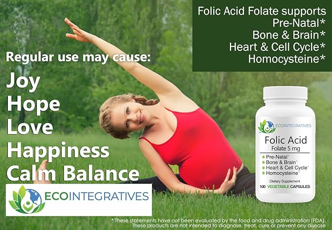 Folic Acid Folate 5mg (B9) Prenatal, Reproductive Health, Homocysteine, Metabolism, Cardiovascular, Bone, Immune Support, Allergen Free, Non GMO - 100 Vegan Capsules
