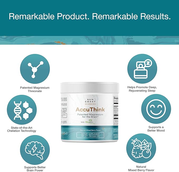Sun Coast Science Sun Coast Sciences AccuThink - Patented Magnesium Brain - 2.64oz Memory Supplement Brain Health, Sleep, Mood Boost - Cognitive Support Supplement Magnesium Threonate Vitamin C