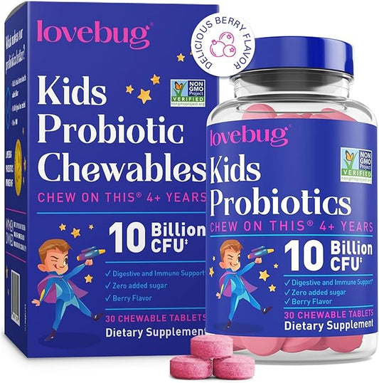 lovebug PROBIOTICS for Kids – Probiotic Chewables with Prebiotic Fiber for Age 4+, Daily Children's Gut Health, Constipation, Digestive & Immune Support Supplement, Sugar-Free Berry Flavor, 30 ct
