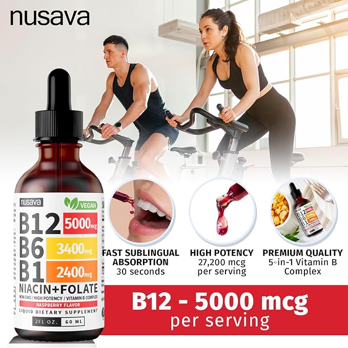 (2 Pack) Vitamin B12 and B6 Liquid Drops, B12 Sublingual Vitamin B Complex - B 12 Vitamin 5000mcg - B12 Methylcobalamin for Energy, Brain, and Heart Support with 27,200 mcg, Raspberry, 80 Servings