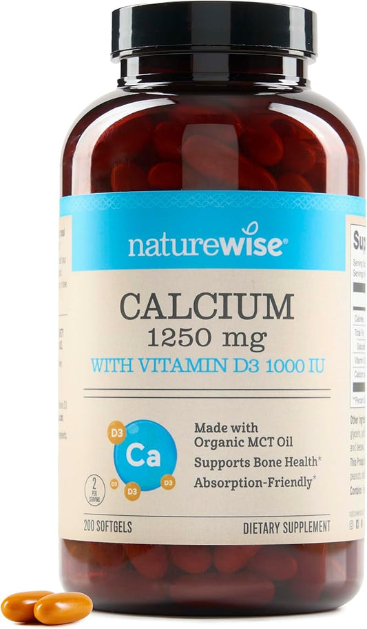 NatureWise High-Purity, All-Natural Calcium 1250mg + Vitamin D3 1000IU + Organic MCT Coconut Oil - Pregnancy Safe + Non-GMO - Absorption Friendly, Gluten Free - 200 Softgels[100-Day Supply]