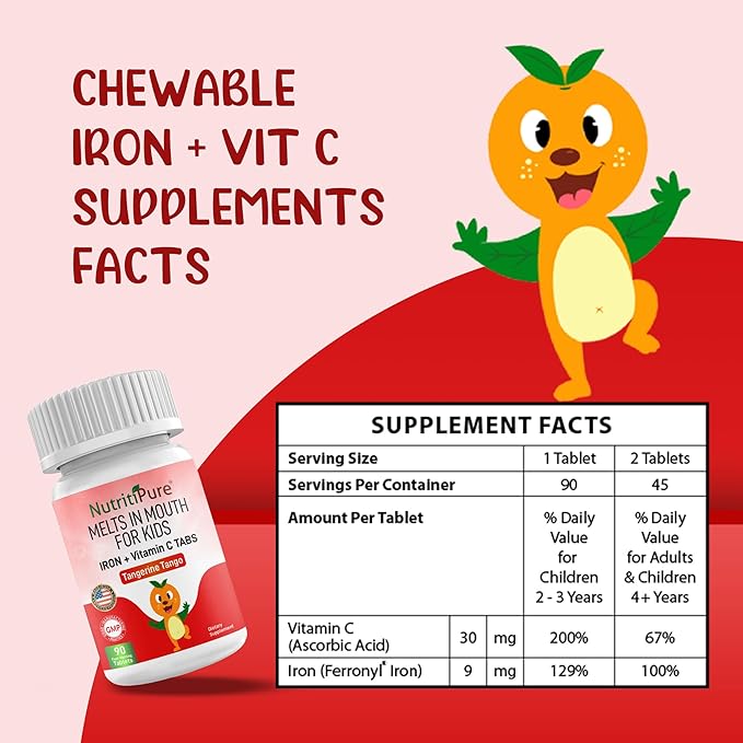 Chewable Iron Supplements for Kids (Ferronyl®/Carbonyl Iron 9 mg with Vitamin C 30 mg) Tablet in Tangerine Tango Orange Flavor Kids Iron Supplement 90 Count (2 Bottles)