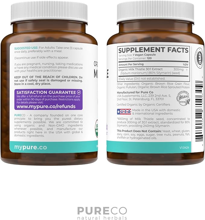 USDA Organic Milk Thistle Capsules - 80% Silymarin Supplement for Liver Support- Super Concentrated 300mg of 30:1 Milk Thistle Extract Equivalent to 9,000mg - Milk Thistle Liver Detox 120 Day Supply