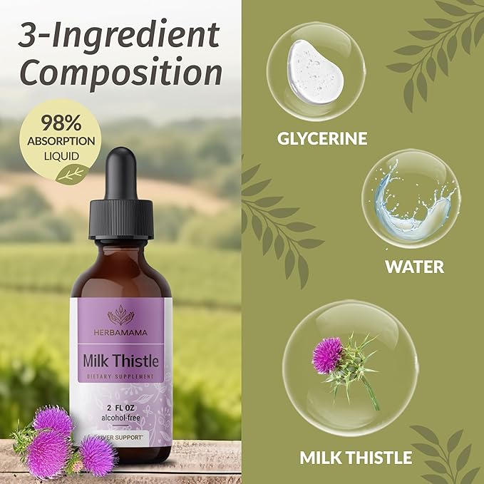 HERBAMAMA Milk Thistle Drops - Vegan Liver Support with Milk Thistle Extract Tincture - Non-GMO, Alcohol & Sugar-Free Liver Detox and Cleanse Supplement, 28-Day Supply