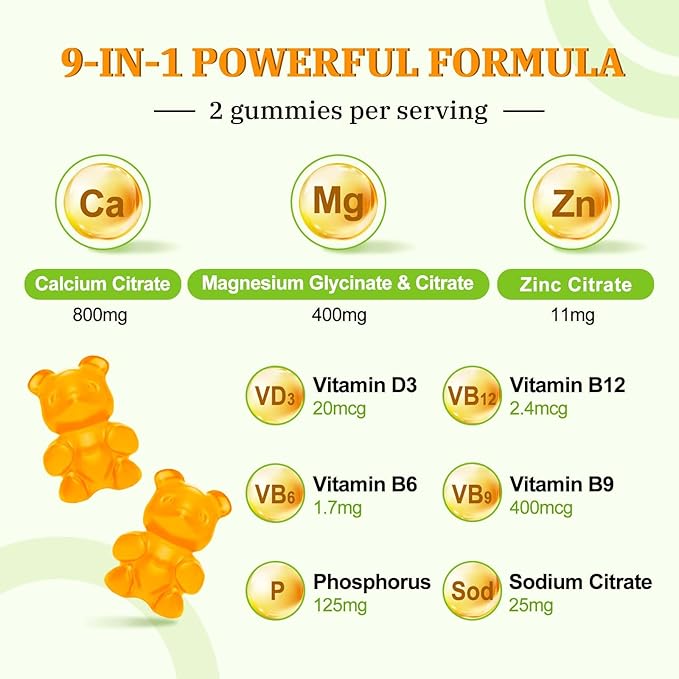 Calcium Magnesium Zinc Gummies, Calcium Magnesium 2:1 Ratio with Vitamin D3 & B12 for Support Muscle, Mood and Immunity, 60 Vegan Orange Flavor Gummies