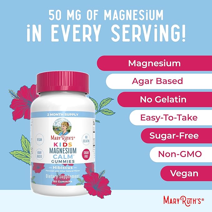 MaryRuth Organics Kids Magnesium Citrate Gummies by MaryRuth's | 2 Month Supply | Sugar-Free | Calm Magnesium Gummies for Kids 2+ | Bone Health | Calcium Absorption | Vegan | 60 Count