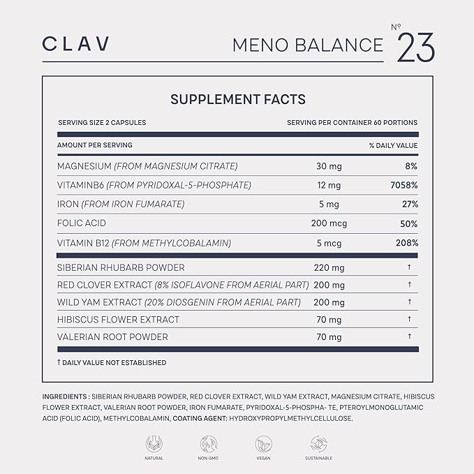 CLAV Meno Balance - Menopause Support - with Wild yam Root, Red Clover, Siberian Rhubarb - Hot Flash Relief, Mood Swings & Muti-Symptom Support -120 Capsules
