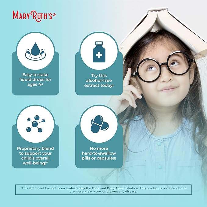 MaryRuth Organics Kids Brain Supplements for Memory and Focus, USDA Organic Drops with Ginkgo Biloba, Rhodiola Root & Licorice Root, Focus & Attention, Calm, Vegan, Non-GMO, Gluten Free, 30 Servings