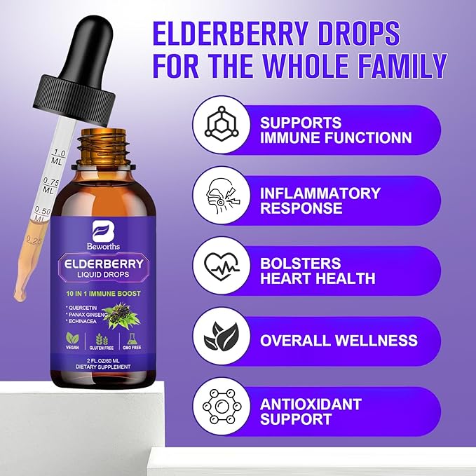 Elderberry Syrup | Quercetin Black Elderberry Liquid Drop with Quercetin, Panax Ginseng for Immune Support | Sambucus Elderberry with Vitamin C and Zinc, D3 | Vegan | Non-GMO | Original
