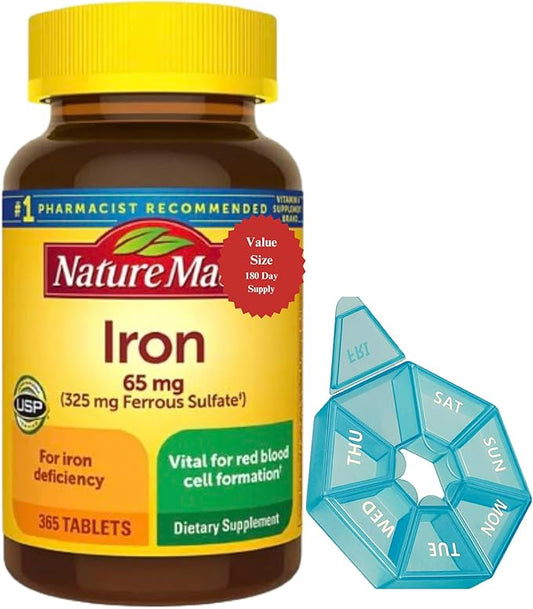 Iron 65 mg Compatible with Nature (325 mg Ferrous Sulfate) Dietary Supplement for Red Blood Cell Support 365 Tablets with Weekly Pill Organizer (2 Items)