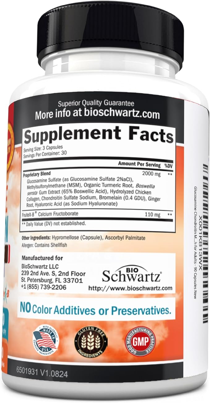 Glucosamine Chondroitin MSM Joint Support Supplement - FSA HSA Approved - Collagen Peptides, Turmeric and Ginger, Hyaluronic Acid, Glucosamine Chondroitin Sulfate - Gluten Free, Non GMO, 180 Capsules