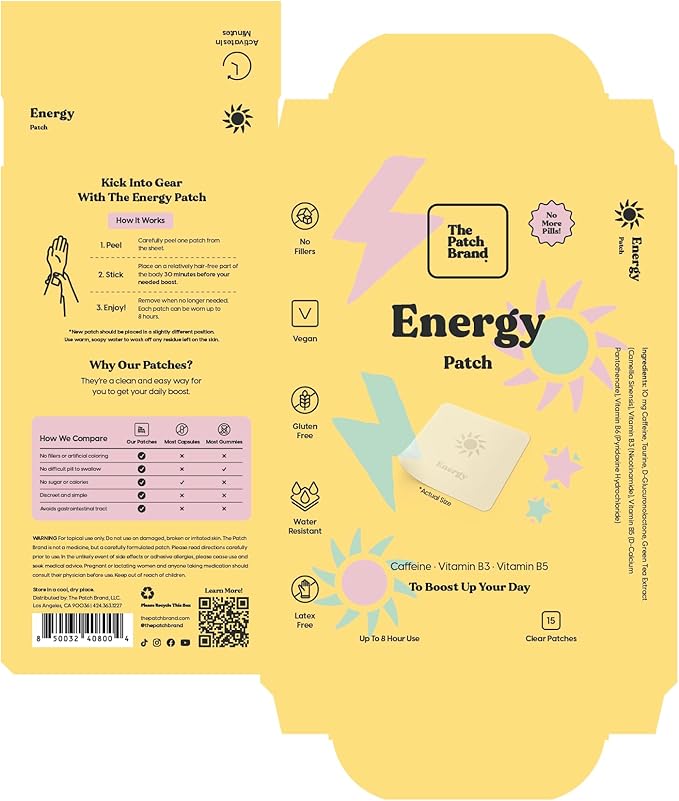 The Patch Brand Energy Patches | Supports Energy with Caffeine and B5 and B3 | All Natural Vitamins & Mineral Patch Plant Based and Cruelty Free Water Resistant Patches That Last All Day