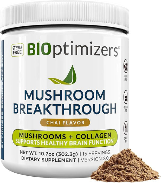 BIOptimizers Mushroom Coffee Alternative – Chai Drink – Lion’s Mane, Chaga, Reishi + Collagen Peptides for Focus, Energy & Gut Health – Adaptogenic Mushrooms & MCT Powder – 15 Servings