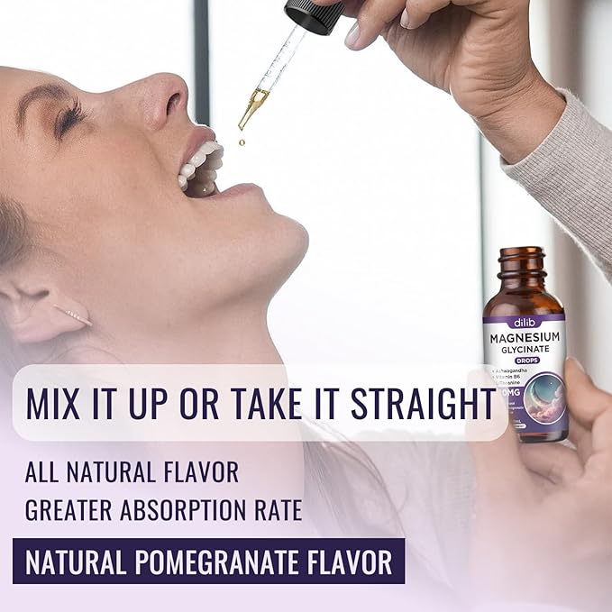 Magnesium Glycinate Liquid Drops 500mg, with Vitamin B6, Ashwagandha, L - Theanine, Chamomile, Magnesium Glycinate Supplement High Absorption for Sleep, Stress, Energy, Mood - Pomegranate Flavor