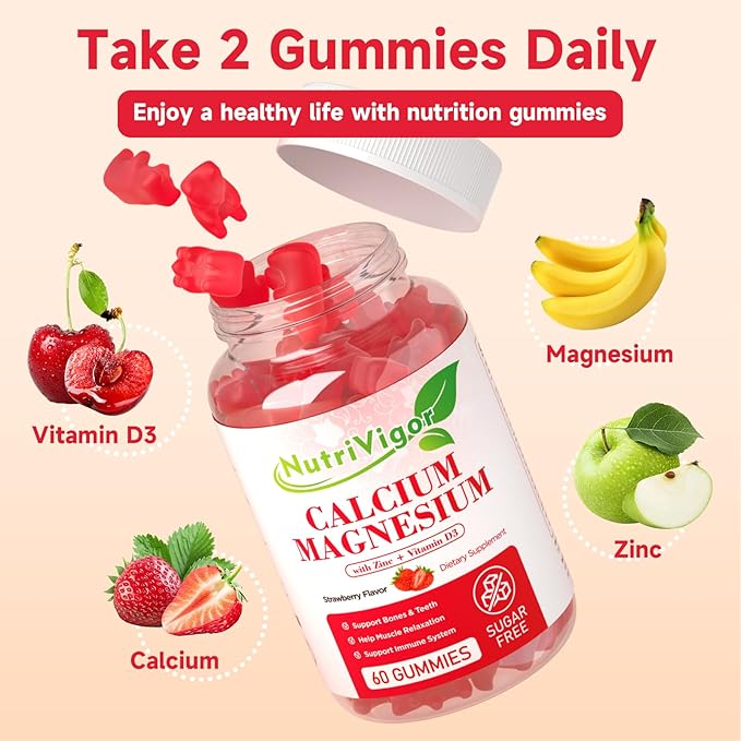 Calcium Magnesium Zinc Gummies with High Absorption Magnesium 300mg, Calcium Supplement with D3 for Bone, Muscles & Immune Support for Kids & Adults, Strawberry Flavor, 60 Count
