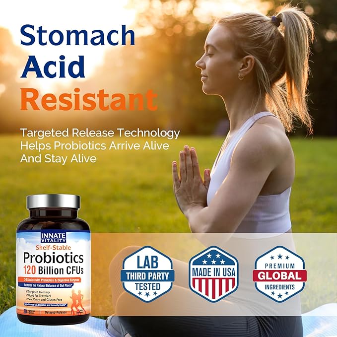 Innate Vitality Probiotics 120 Billion CFUs for Men & Women, 34 Strains with Prebiotics & Digestive Enzymes, Immune & Digestive Health, Delayed Release, Shelf Stable, 30 Vegan Capsules