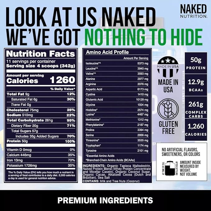 Naked Double Chocolate Mass - 1,260 Calories, 50G Protein, Nothing Artificial. All Natural Weight Gainer Protein Powder - 8Lb Bulk, GMO Free, Gluten Free & Soy Free