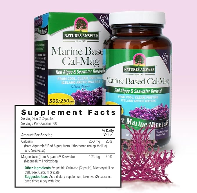 Nature's Answer Calcium Magnesium Capsules 120 Count - Daily Marine Based Magnesium & Calcium Supplement for Sleep & Bone Support - Vegan, Gluten Free, Alcohol Free for Everyone