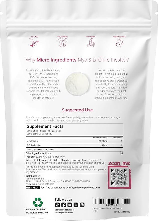 Micro Ingredients Myo-Inositol & D-Chiro Inositol Powder, 2lb (442 Servings) | 40:1 Ideal Ratio Inositol Supplement for Women | Supports Hormonal Balance & Ovarian Health | Non-GMO, Vegan, Filler-Free